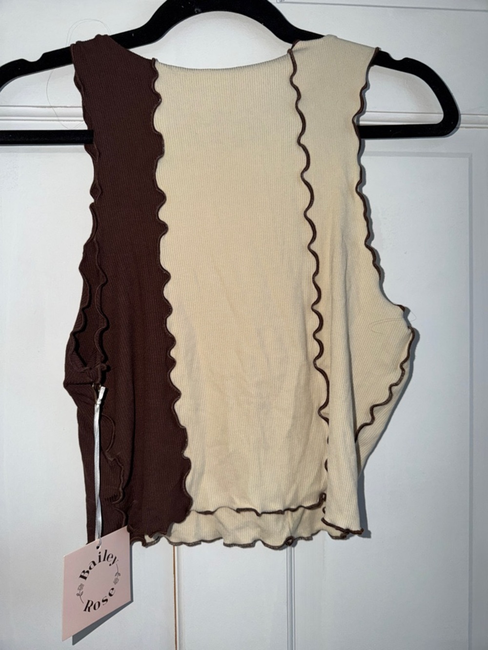 Two-Tone Ribbed Ruffle-Edge Tank Top - Cream & Brown - Picture 3 of 3